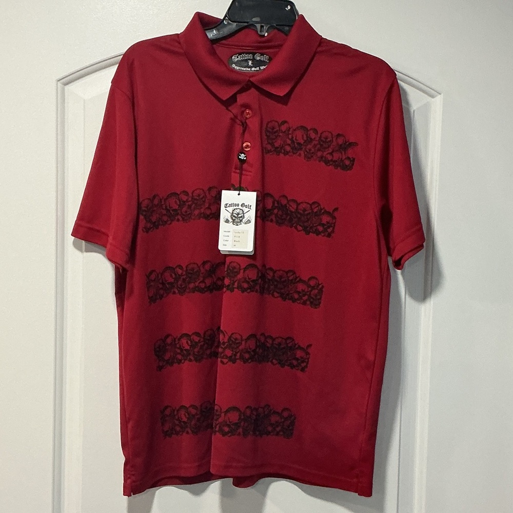 Tattoo Golf Red Polo Shirt with Black Skull Design